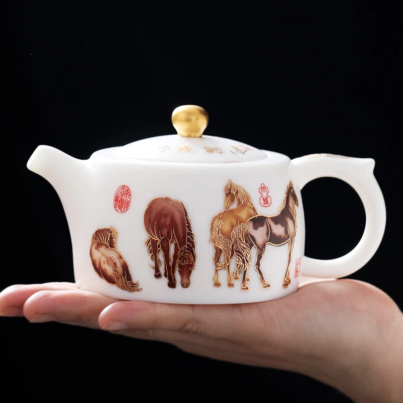 德化羊脂玉白瓷茶壶素烧高档轻奢八骏马泡茶壶马到成功关水单壶