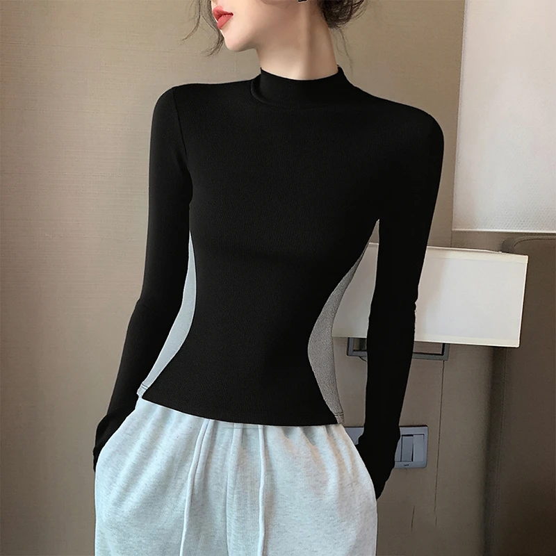 新款螺纹半高领拼色长袖t恤女弹力春秋修身打底衫内搭收腰上衣服