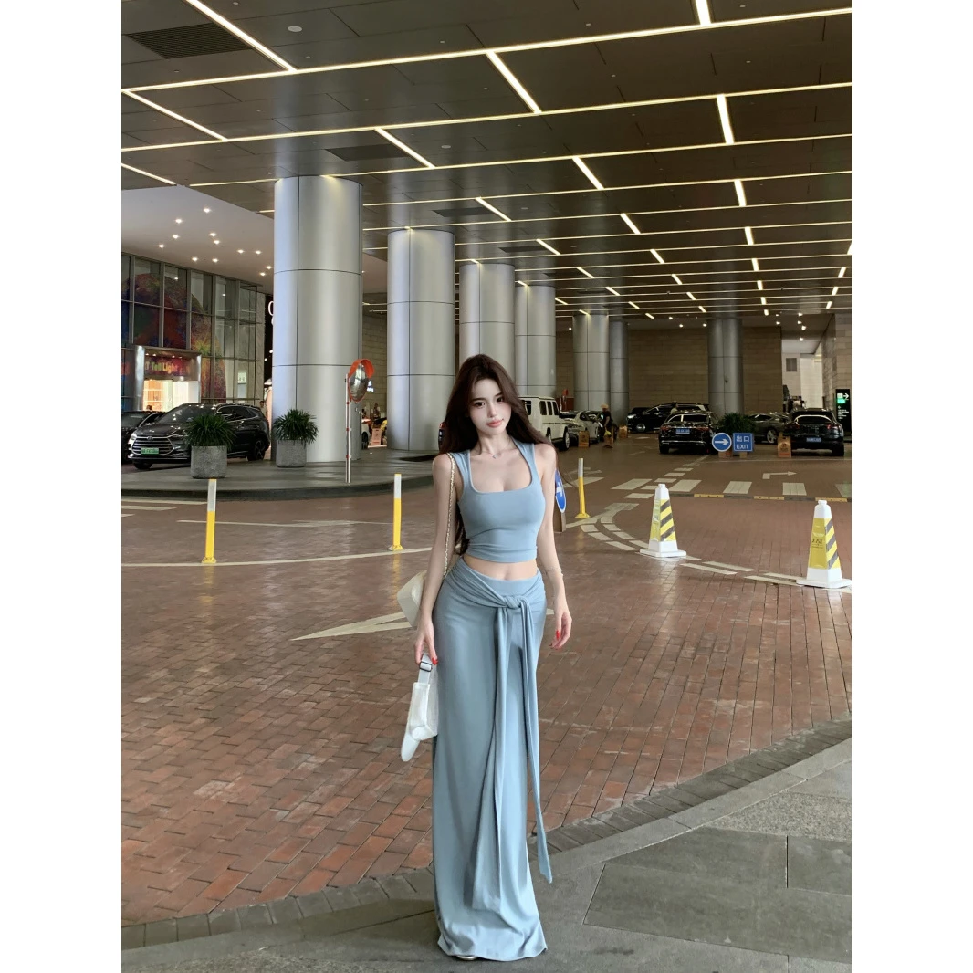 时尚慵懒风方领带胸垫短款背心套装女百搭高腰绑带包臀半裙两件套