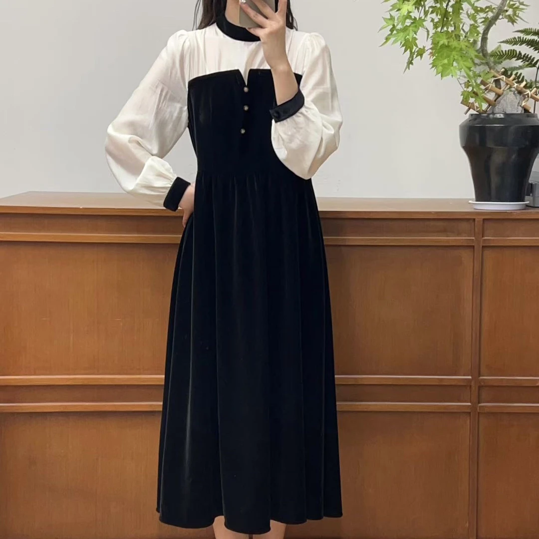 [易小慧]法式赫本风丝绒连衣裙假两件打底长裙