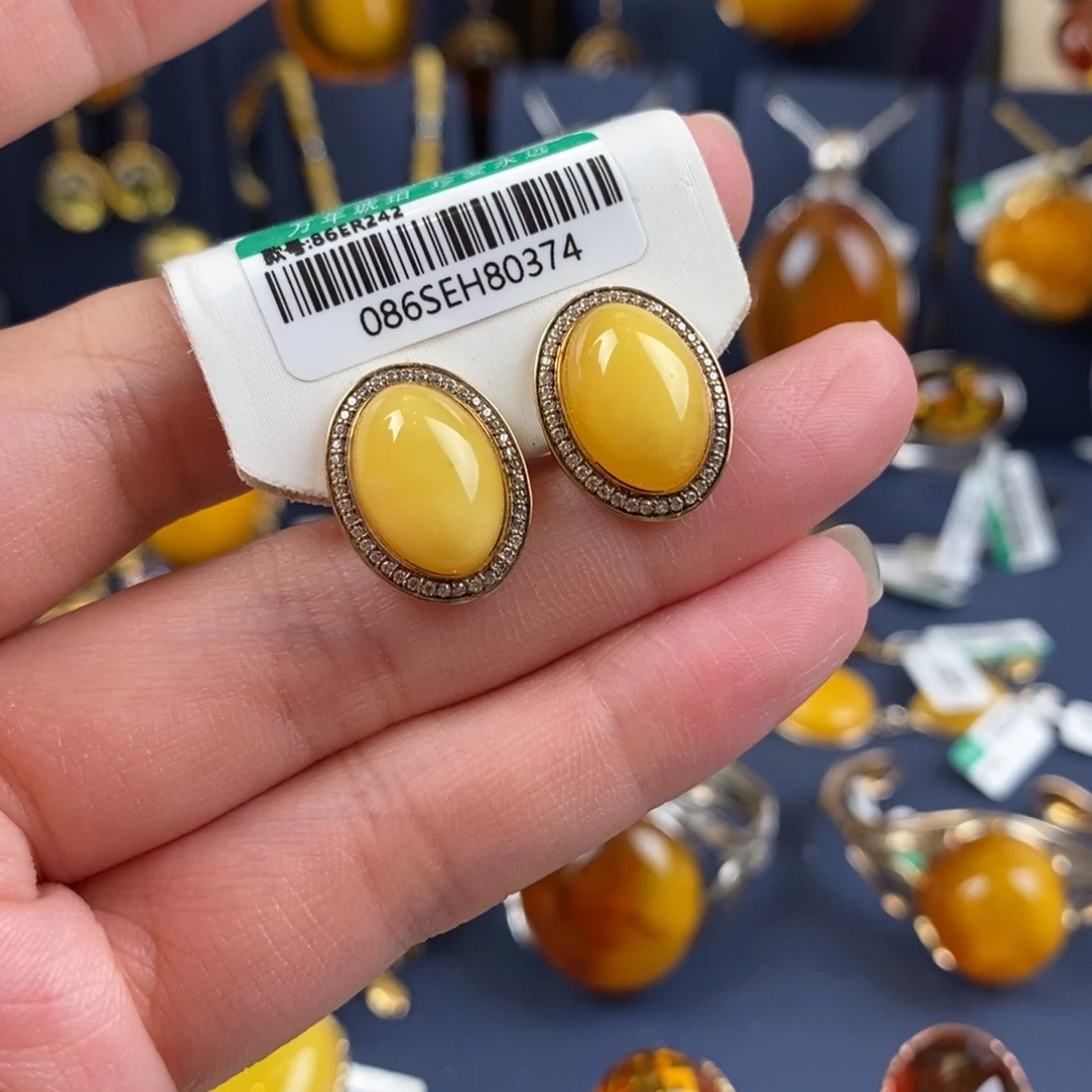 琥珀耳饰银S925镀金镶嵌