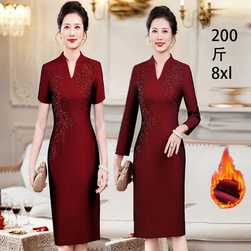 8XL日常可穿200斤连衣裙女高端喜婆婆婚宴礼服中老年妈妈加绒旗袍
