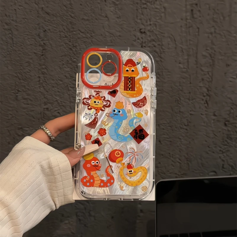 适用苹果16羽纱奶油手机壳iPhone15小众华为创意涂鸦卡通蛇mate70