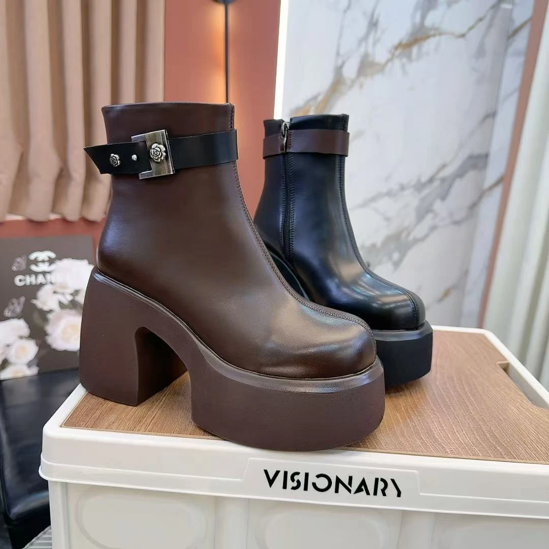 及踝靴新款真皮厚底粗跟圆头短靴9cm增高切尔西靴马丁靴女3818-8