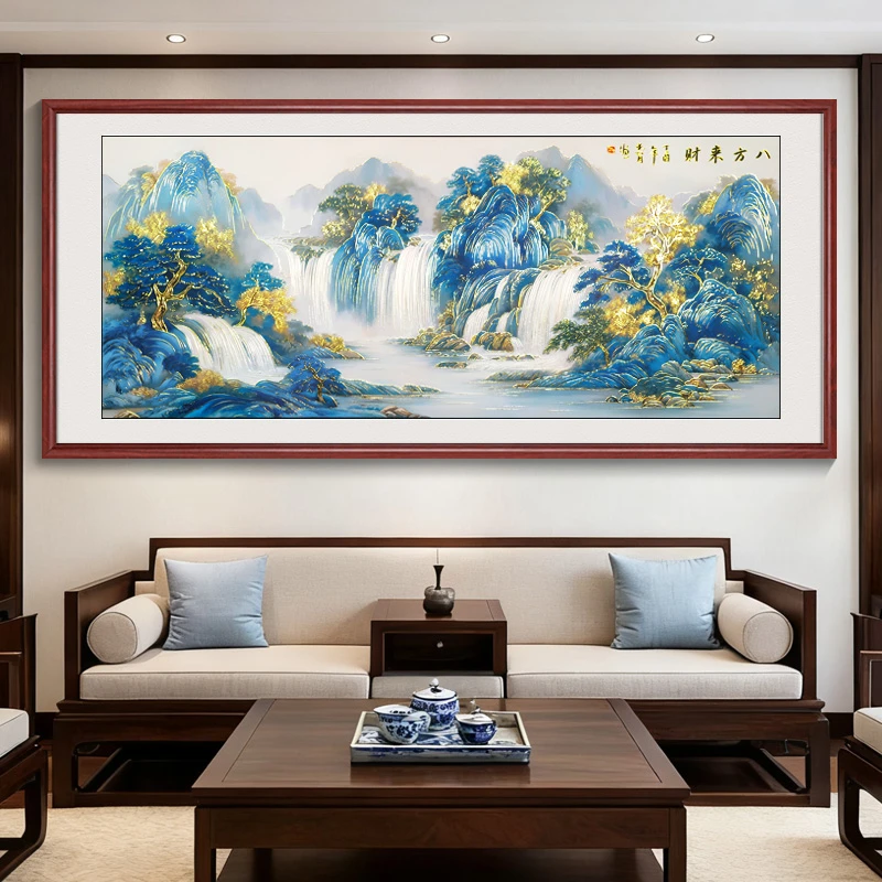浮雕描金 八方来财2 新中式山水画客厅装饰画沙发背景墙挂画
