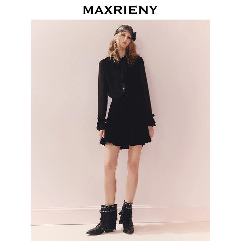 MAXRIENY法式慵懒感穿搭雪纺衬衫女25秋款H型系带蝴蝶结宽松上衣