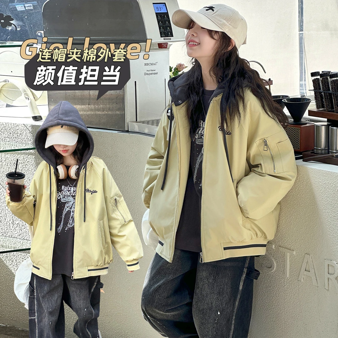 女童2025年冬季新款加绒加厚时尚洋气休闲百搭6-14岁韩系连帽外套