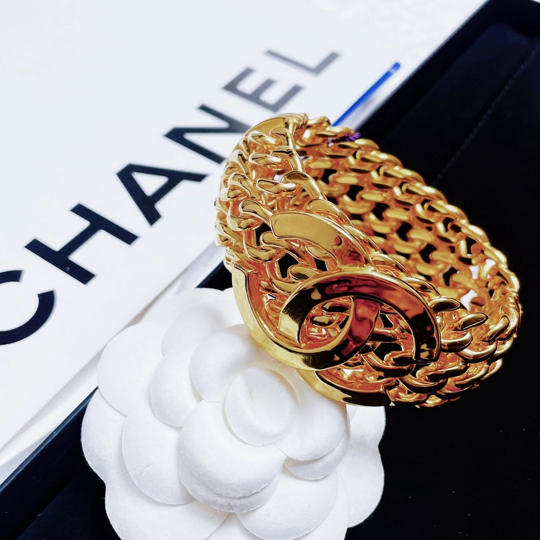 95新 Chanel/香奈儿 柚礼中古/香奈儿素金双C宽版手镯CC409005