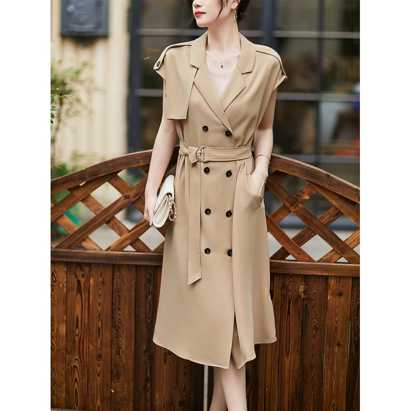 飒美女子力西装裙！时尚V领重磅醋酸透气双排扣系带显瘦连衣裙女夏