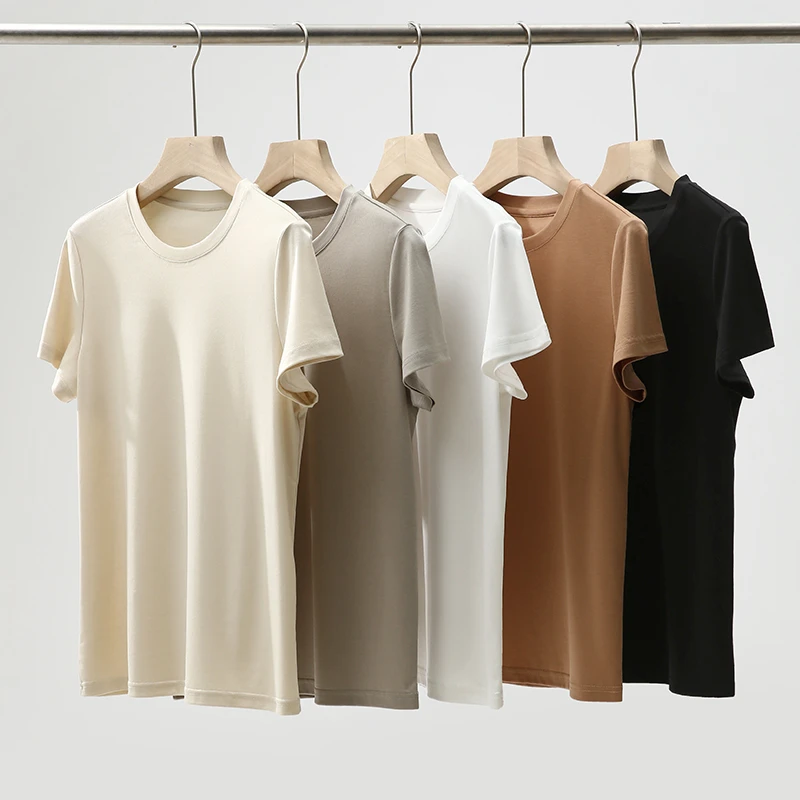 ZEZI桑蚕丝棉亚麻混纺短袖T恤圆领舒适T通勤纯色简约T时尚百搭新