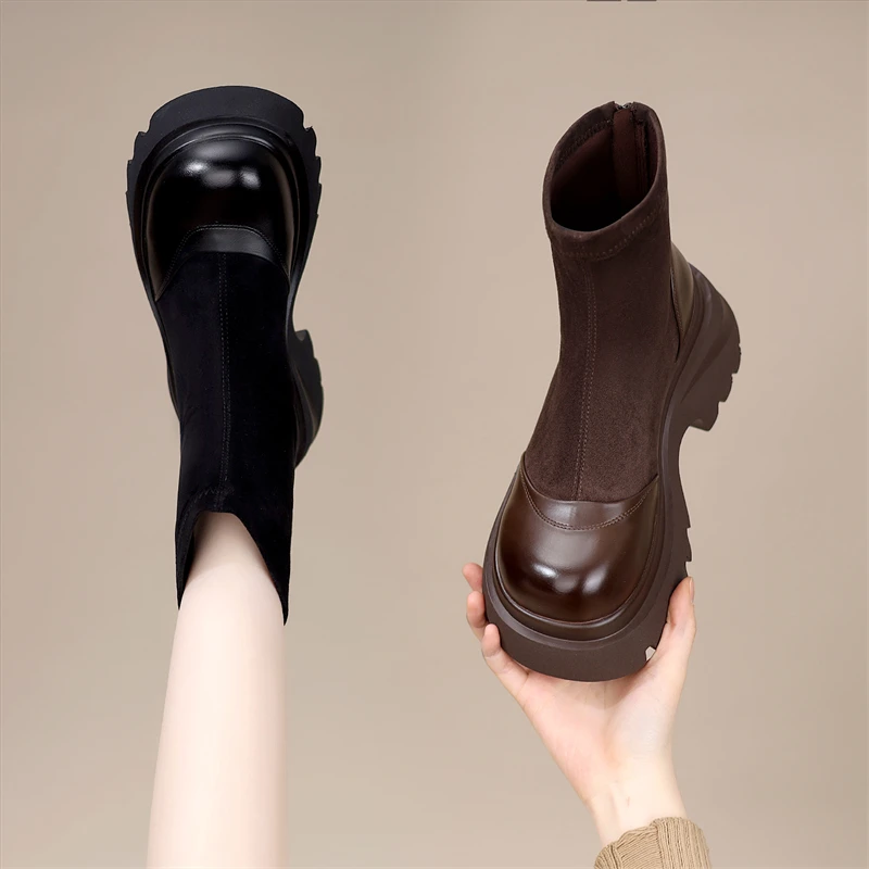 2025秋冬季新款厚底马丁靴女英伦风复古拼接绒面显瘦裸色弹力短靴