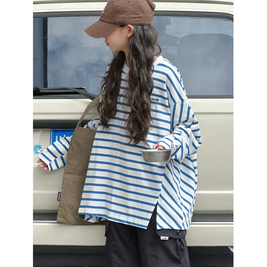 K28550孙小美复古条纹女童长袖T恤2025秋装新款上衣春秋打底衫潮t