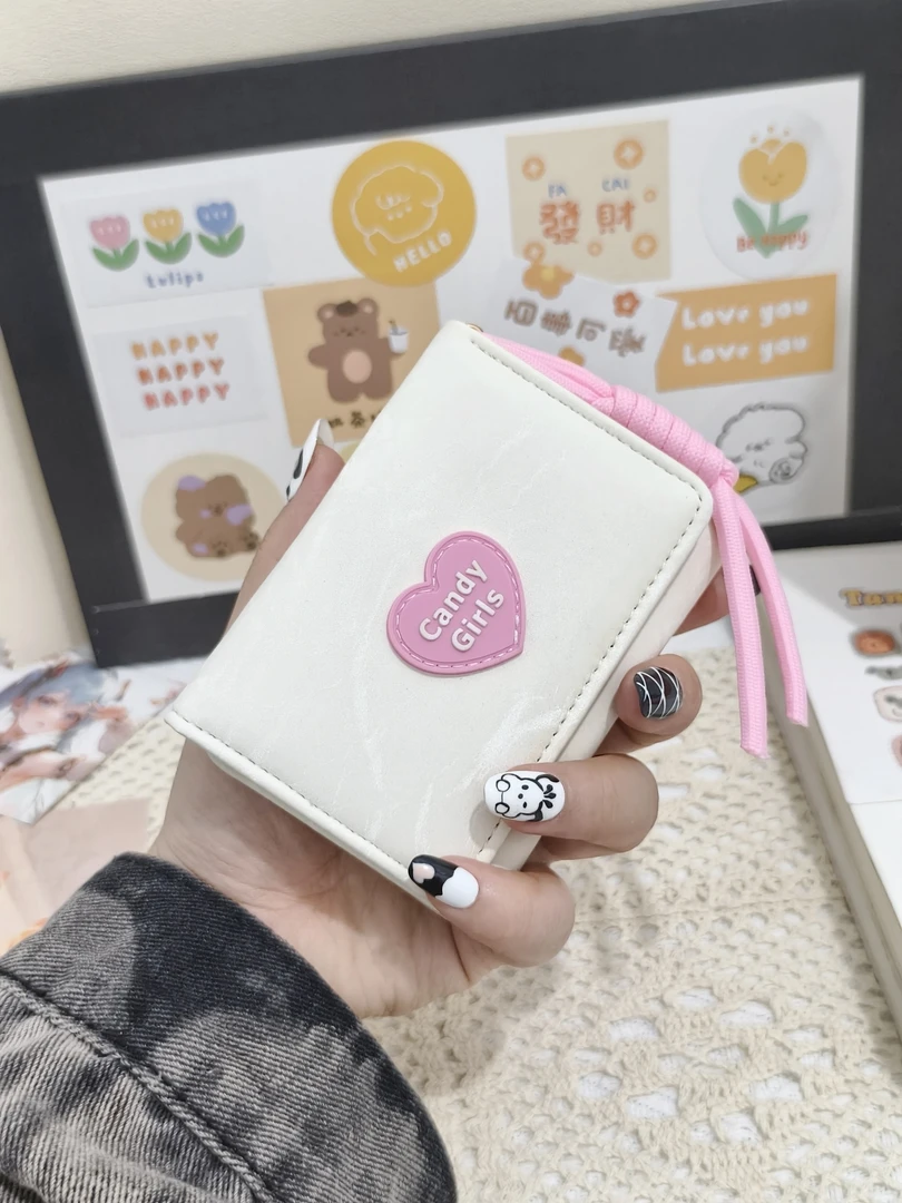 可爱桃心小钱包女短款韩版少女百搭折叠钱夹多卡位迷你搭扣手拿包