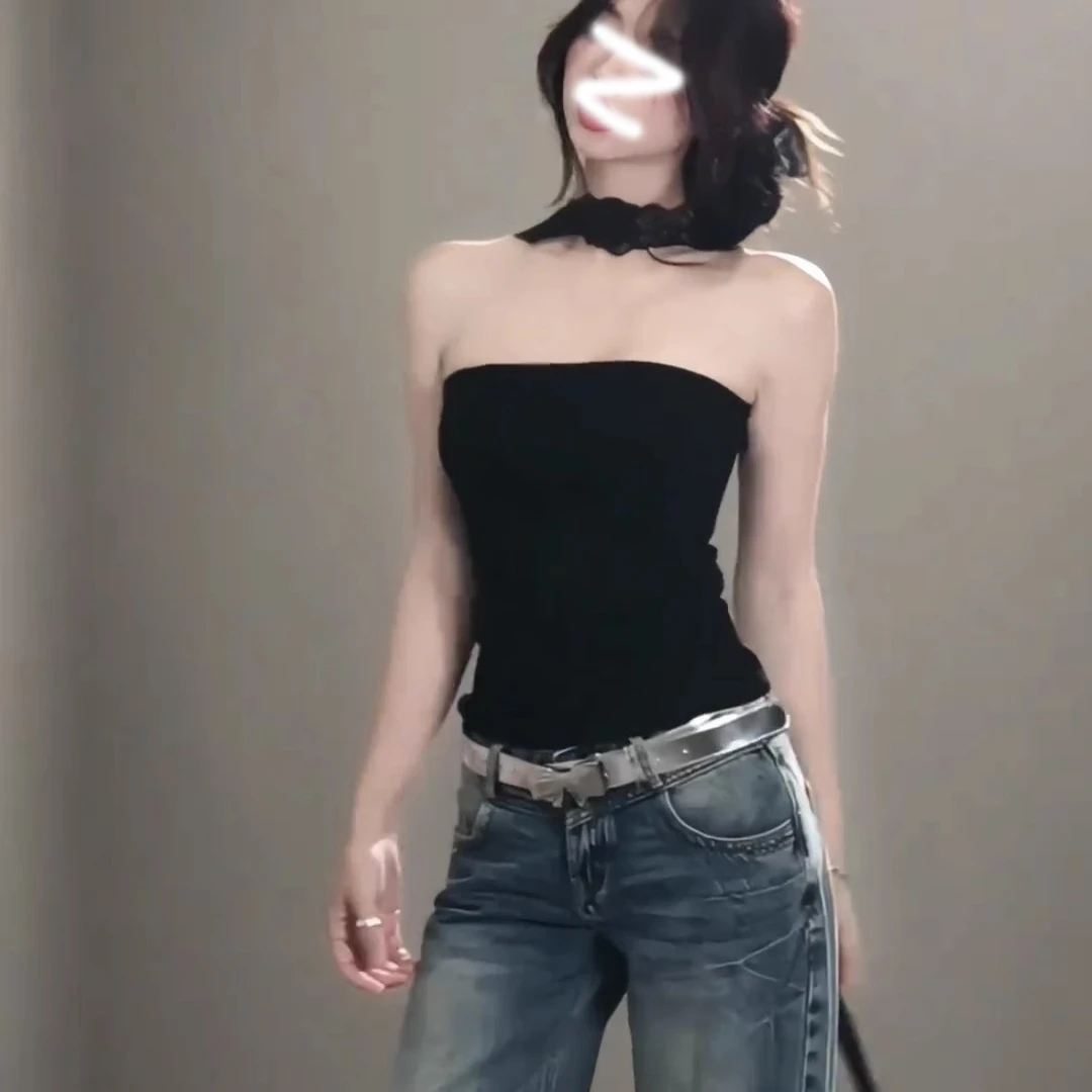 2025春季新款蕾丝挂脖修身抹胸时尚高级感设计感修身吊带