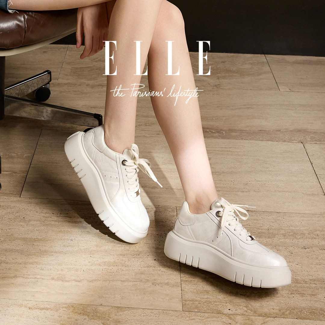 ELLE真皮厚底小白鞋女2025新款小个子显高面包鞋复古百搭休闲板鞋