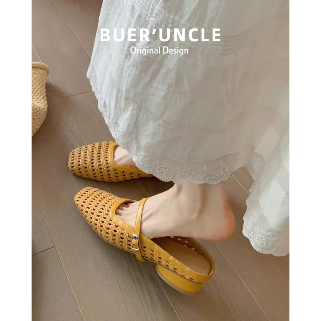 度假风包头半拖女夏2025新款粗跟编织镂空玛丽珍穆勒凉拖鞋女外穿