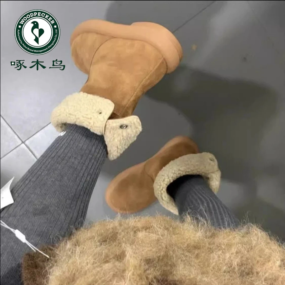 啄木鸟中筒雪地靴女棉鞋加绒两穿短靴子复古翻毛皮平底机车马丁靴