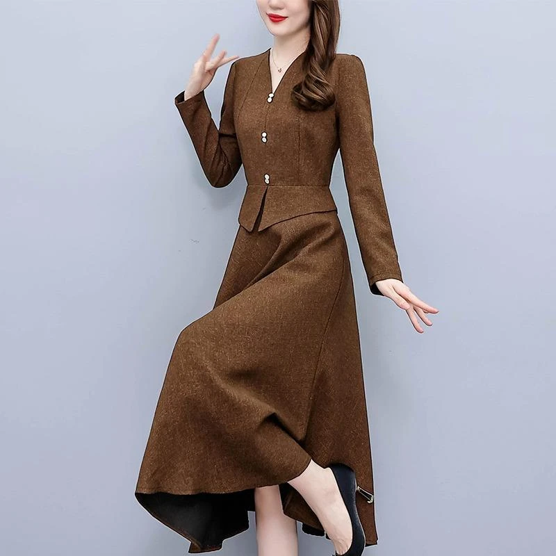 高级感气质名媛V领洋装女秋冬2025年新款收腰修身显瘦长袖长裙