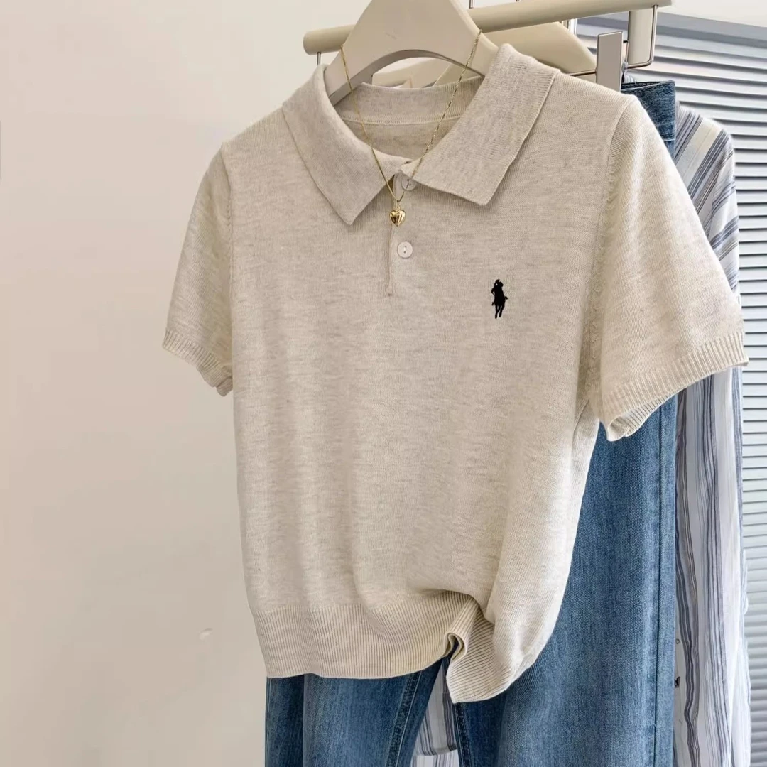 夏季POLO领刺绣冰丝短袖T恤女百搭薄款洋气针织宽松大码休闲上衣