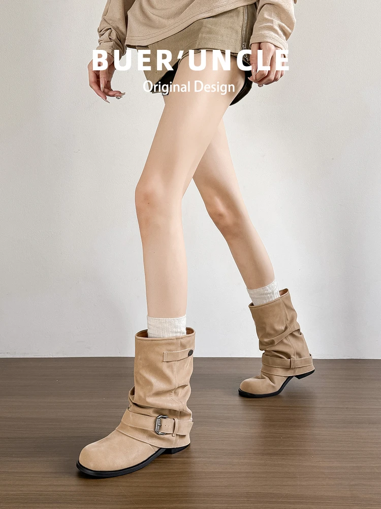 软皮版！裤管短靴女2025新款秋季粗跟褶皱堆堆靴复古英伦风马丁靴