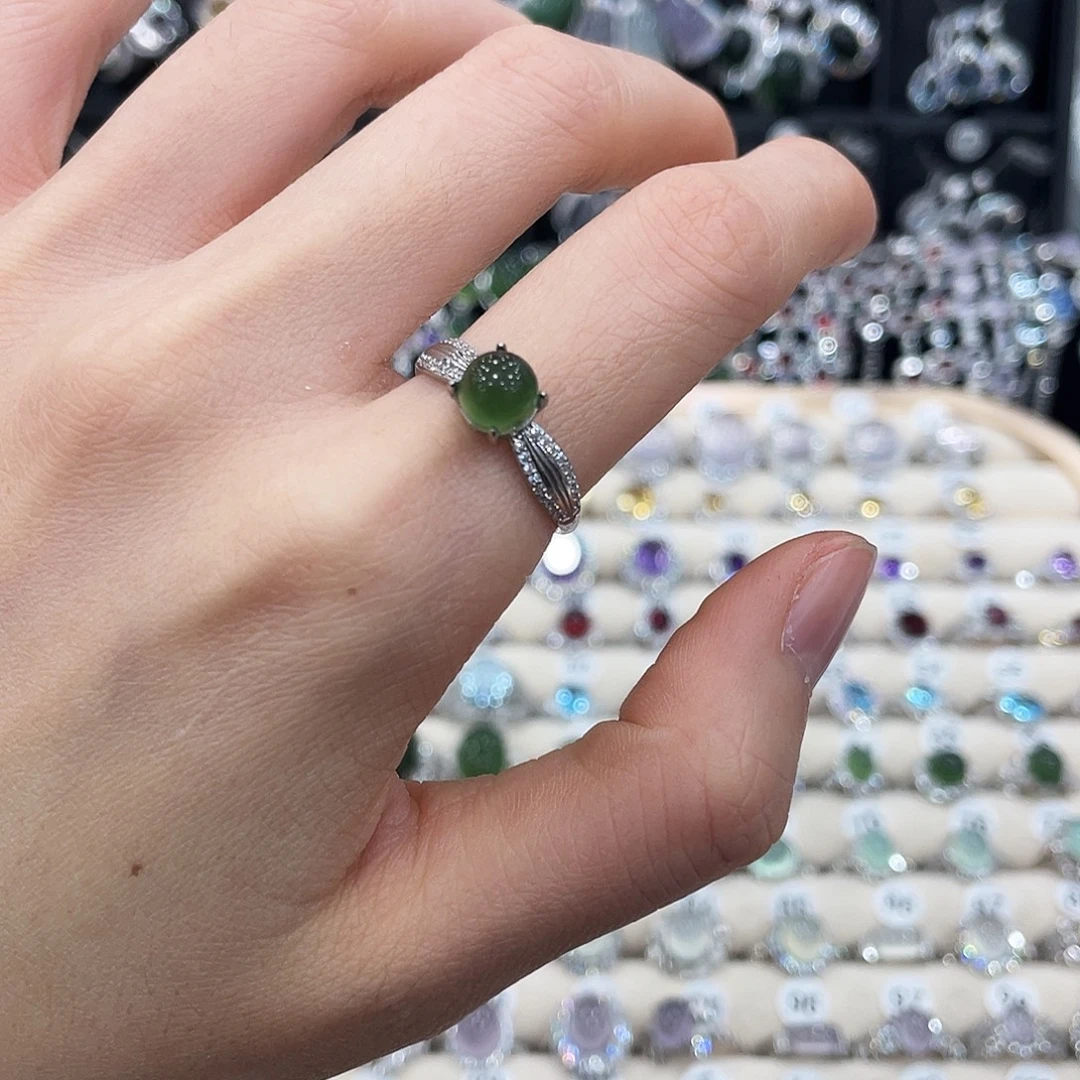 蛇纹石玉银S925镶嵌戒指戒指