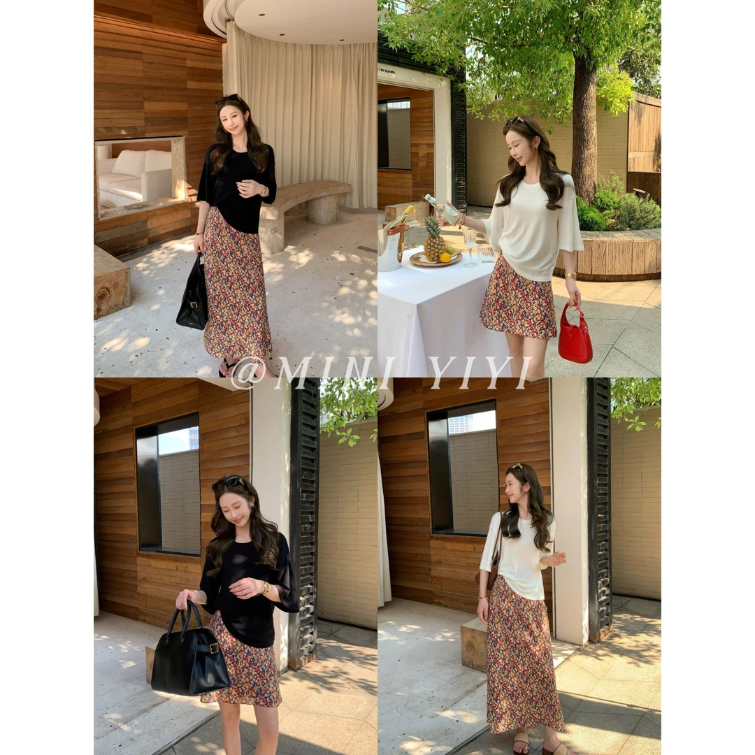 【秘密花园】小个子百搭T恤复古碎花印花斜裁显瘦半身裙