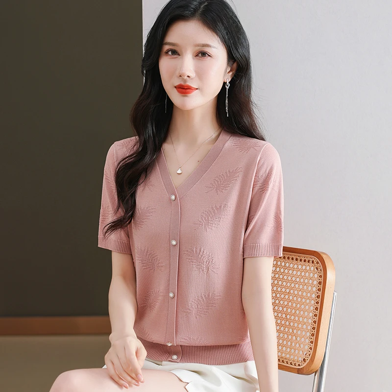 2025气质薄款衬衫洋气夏季弹力短袖打底衫镂空上衣女毛针织衫提花