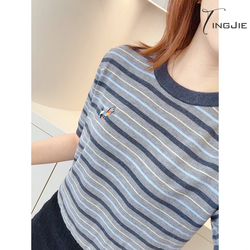 婷姐~【桑蚕丝羊毛】【七彩小马】高级条纹撞色百搭针织短袖B2508