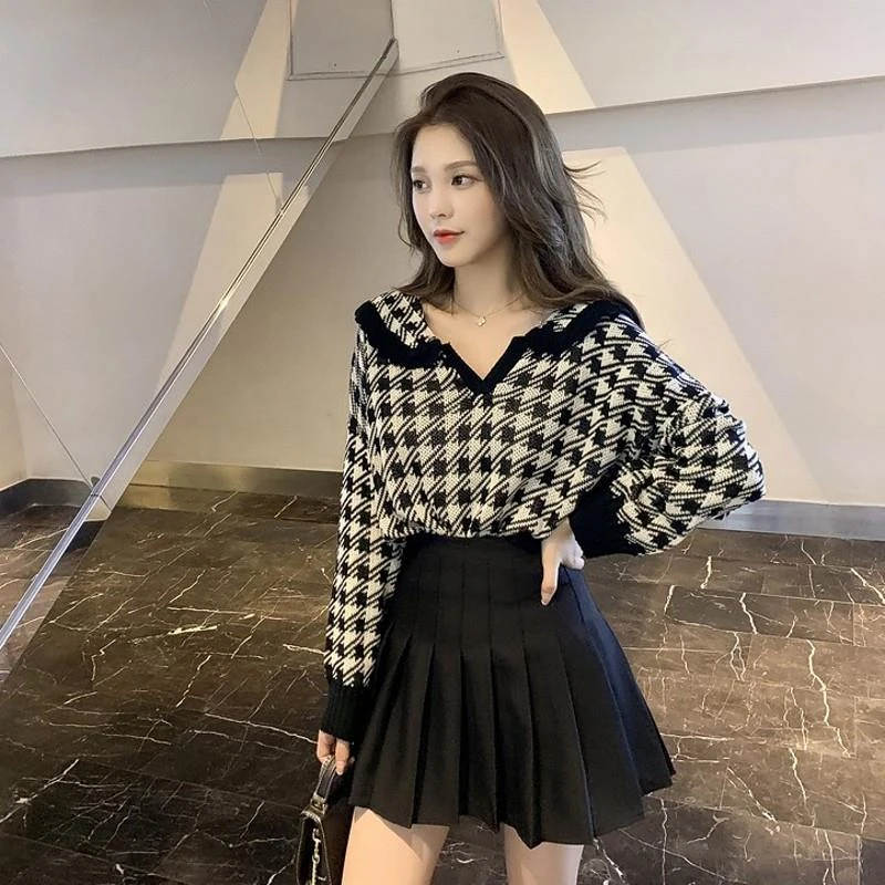 秋季小个子洋气炸街裙子套装女温柔风娃娃领针织衫百褶短裙两件套