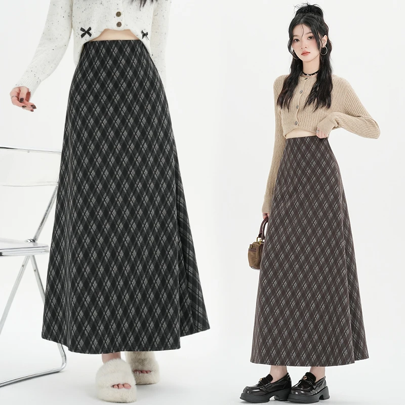 SM潮流复古咖色菱形格子高腰显瘦毛呢大摆裙半身a字长裙秋冬新款