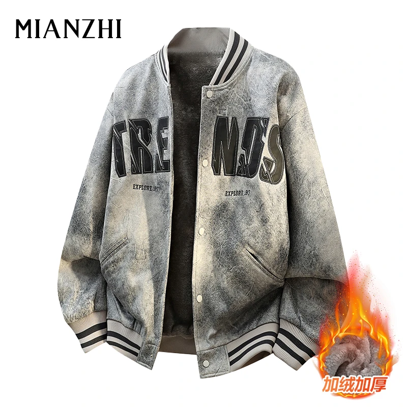 棉致美式棒球服男士加绒夹克洞口保暖宽松加肥加大码潮牌印花外套