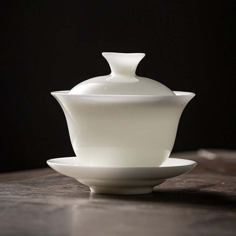 羊脂玉冰种玉瓷盖碗德化白瓷三才盖碗陶瓷功夫茶具茶杯110ml茶碗