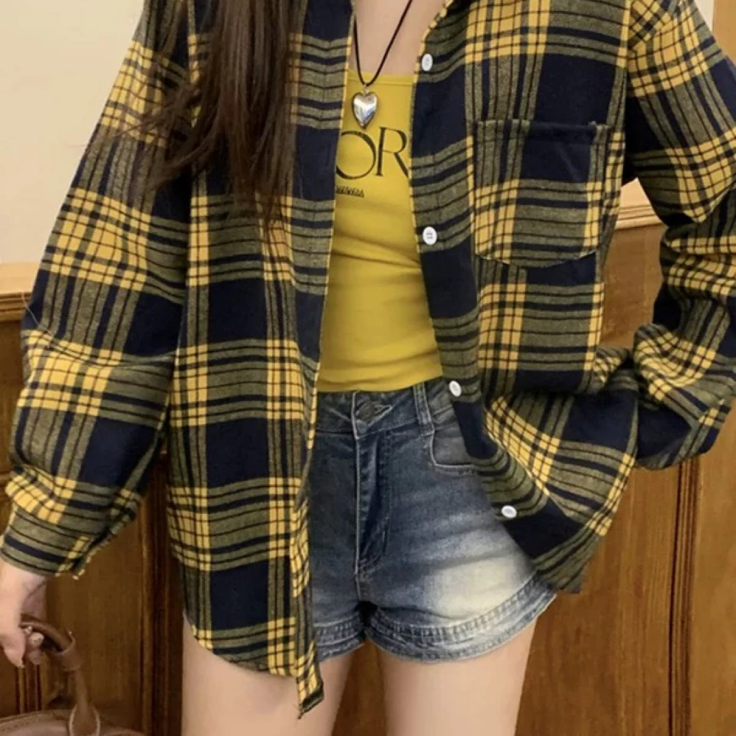 韩版慵懒风宽松显瘦格子衬衫女款春夏秋冬百搭休闲外套