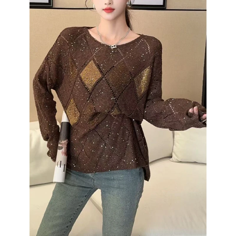 x2086#早秋新款独特亮片镂空针织衫大码女装宽松慵懒风毛衣上衣