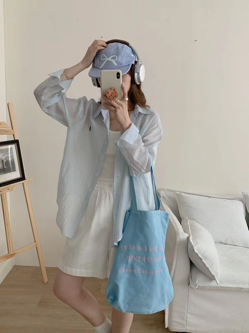 新款百搭防晒慵懒风刺绣衬衫夏季时尚休闲纯色宽松休闲薄款女衬衣