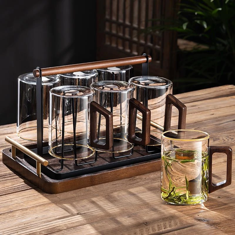 茶杯套装家用客厅耐高温金边水杯大容量木把待客透明玻璃杯子6只
