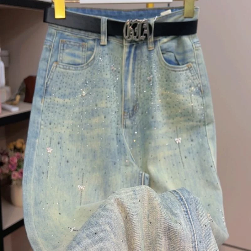 重工烫钻窄版阔腿牛仔裤女2025新款高腰百搭宽松显瘦垂感拖地长裤