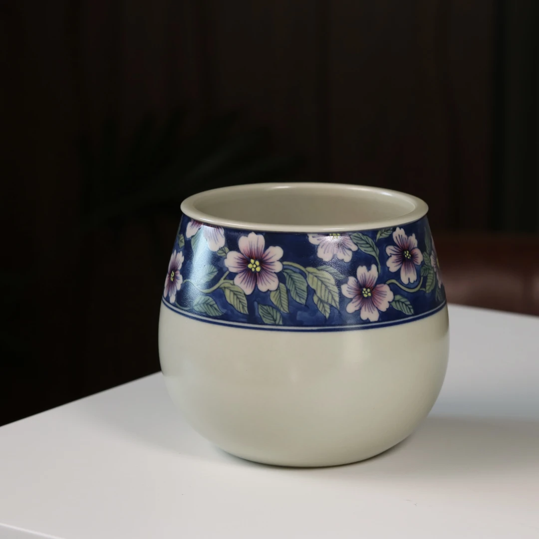望野生香 景德镇手绘青花斗彩蓝地芙蓉花建水 茶道茶具