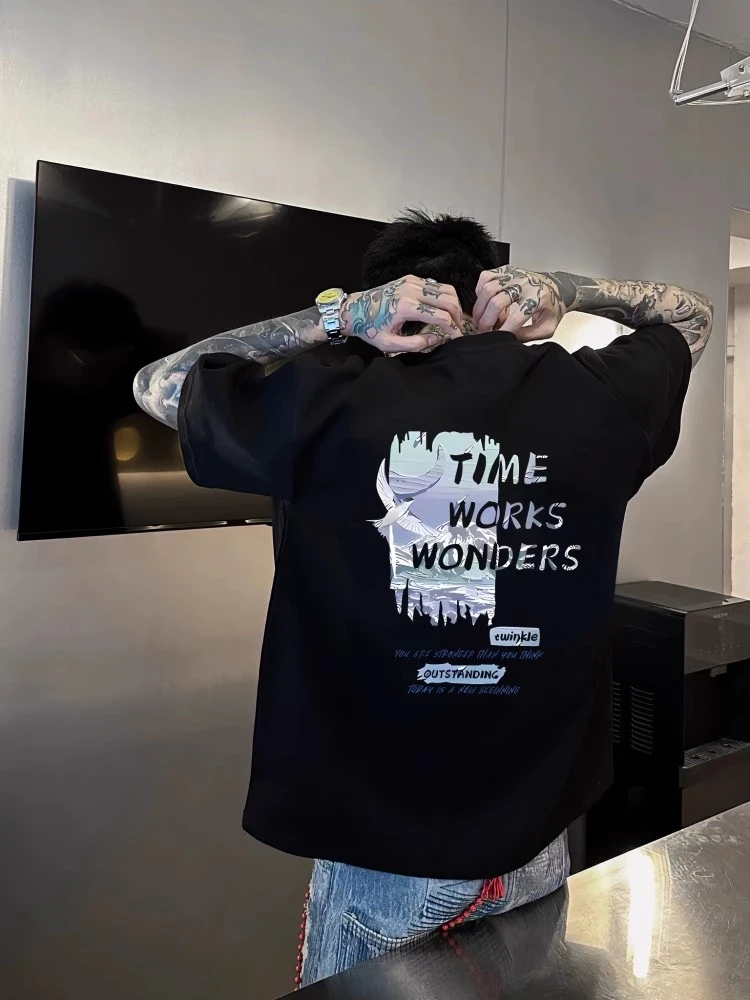 重磅宽松纯棉美式潮流短袖t恤圆领上衣男女同款潮牌ins打底衫T恤