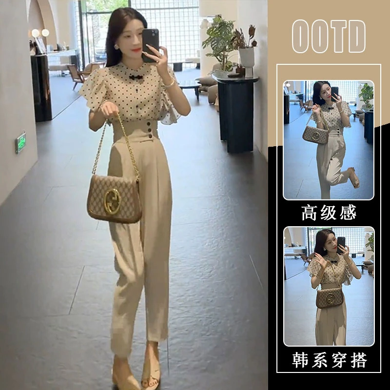 夏装搭配一整套2025新款干练气质荷叶边雪纺衬衫休闲西装裤两件套