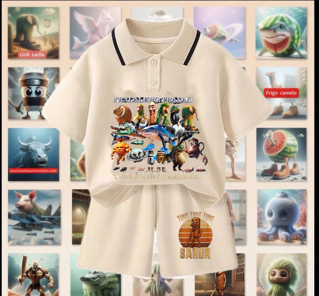 美国山海经通通哥木棍人童装潮牌套装polo领儿童短袖T恤套装潮