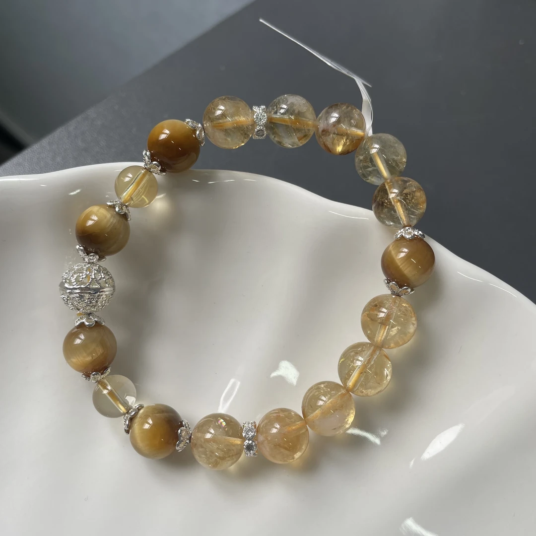 黄虎眼石圆珠约10mm搭黄水晶圆珠铜绣球配件手串