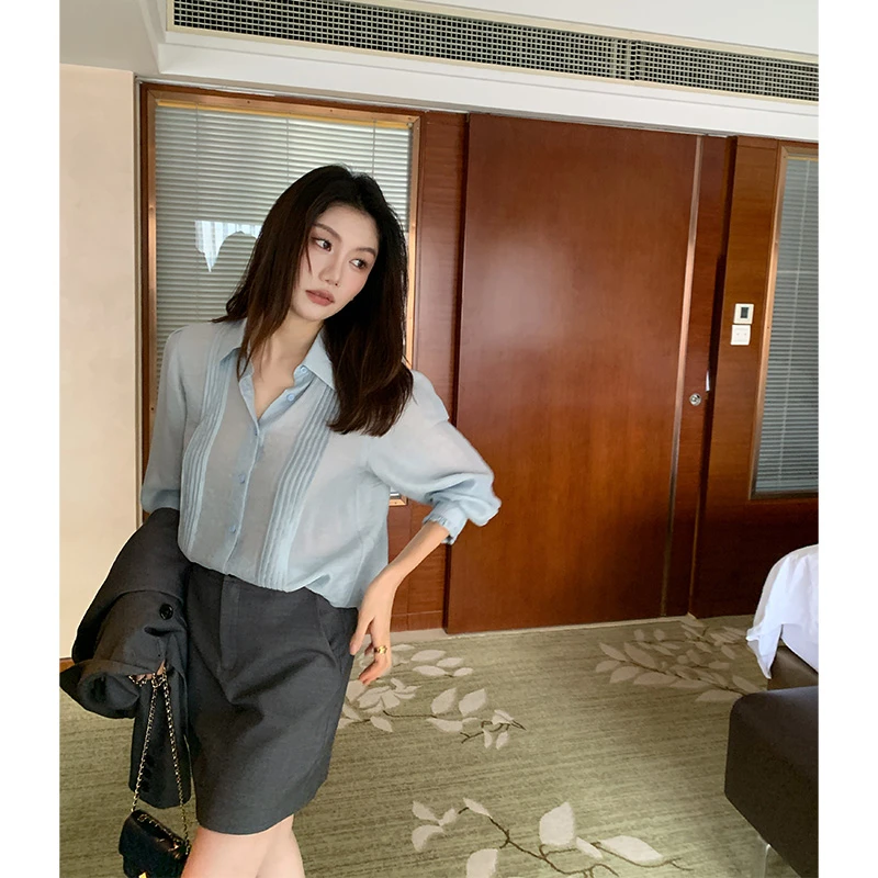 【ALONE SAVOR】龍喜儿海蓝假日高级设计感捏褶衬衫花边小衫T918