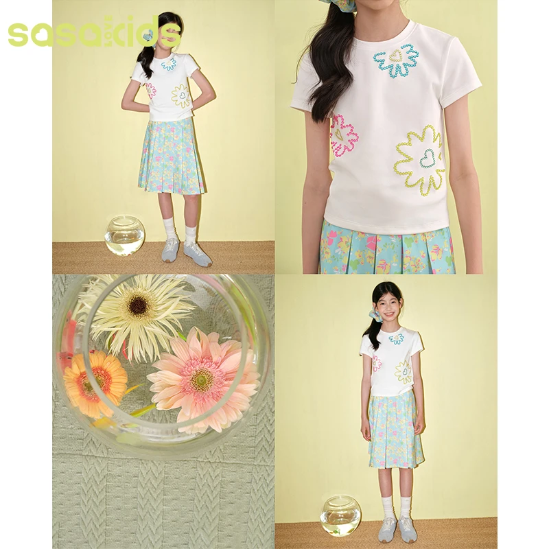 sasakids夏季双面原创彩色爱心花朵滴胶珠活力童趣短袖T恤百搭