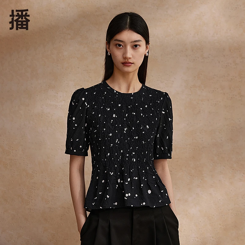 【鎏金浮梦】播24夏季优雅印花肌理感圆领衬衫气质显瘦BDR2HD1149