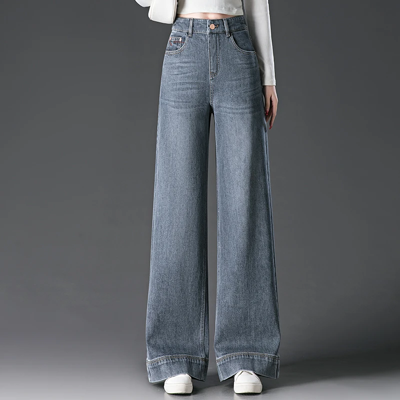 正品烟灰色阔腿牛仔裤女2025年新款春秋高腰宽松垂感长裤直筒裤子