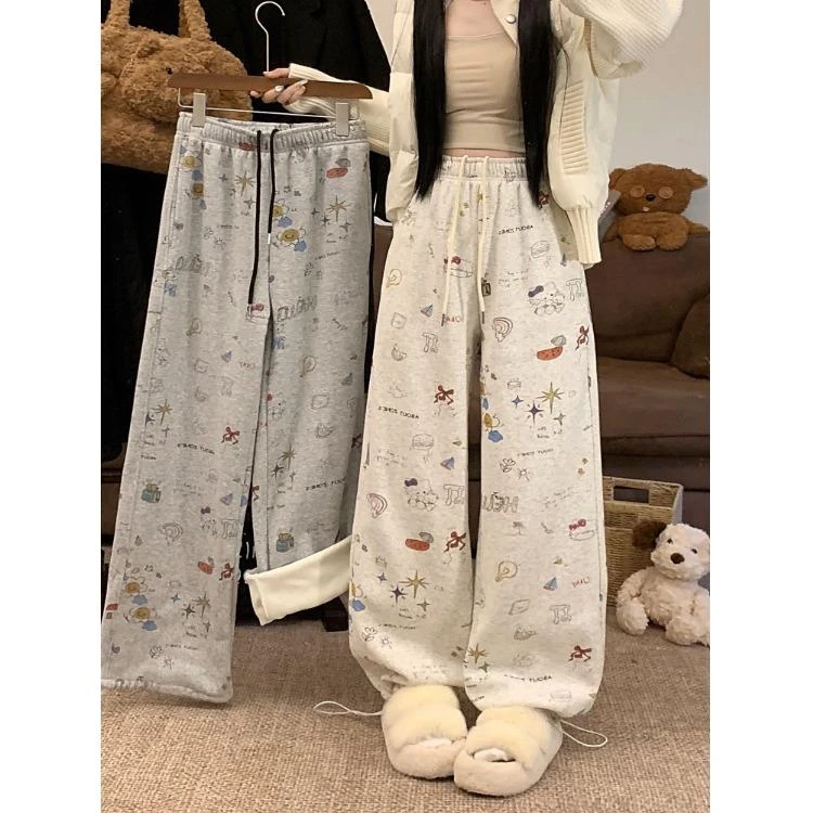 灰色印花加绒加厚休闲裤女冬季宽松直筒阔腿裤子运动卫裤束脚长裤