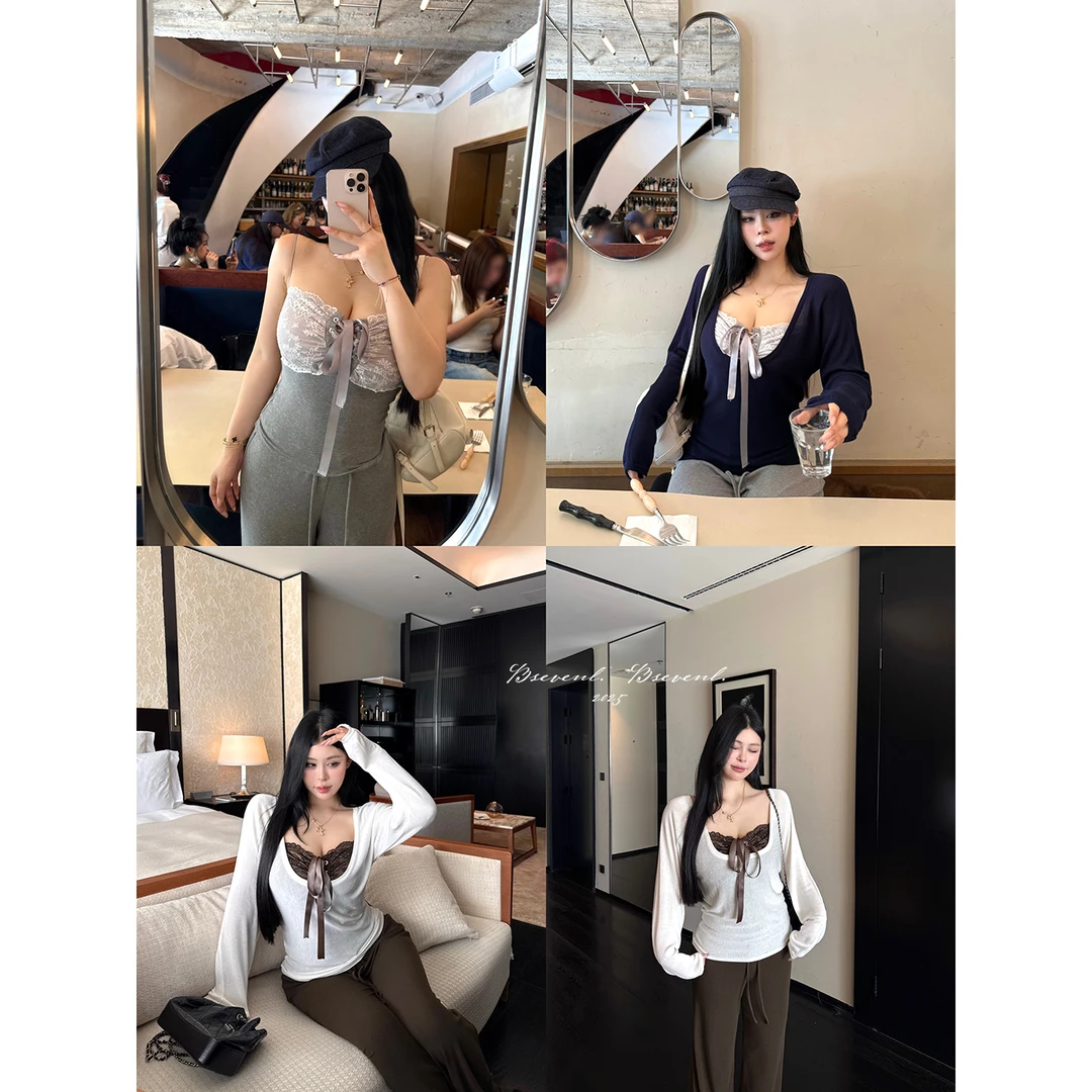 黑泽玄七“高颜值美眉套装”秋季微胖显瘦软妹冰丝蝴蝶结三件套女