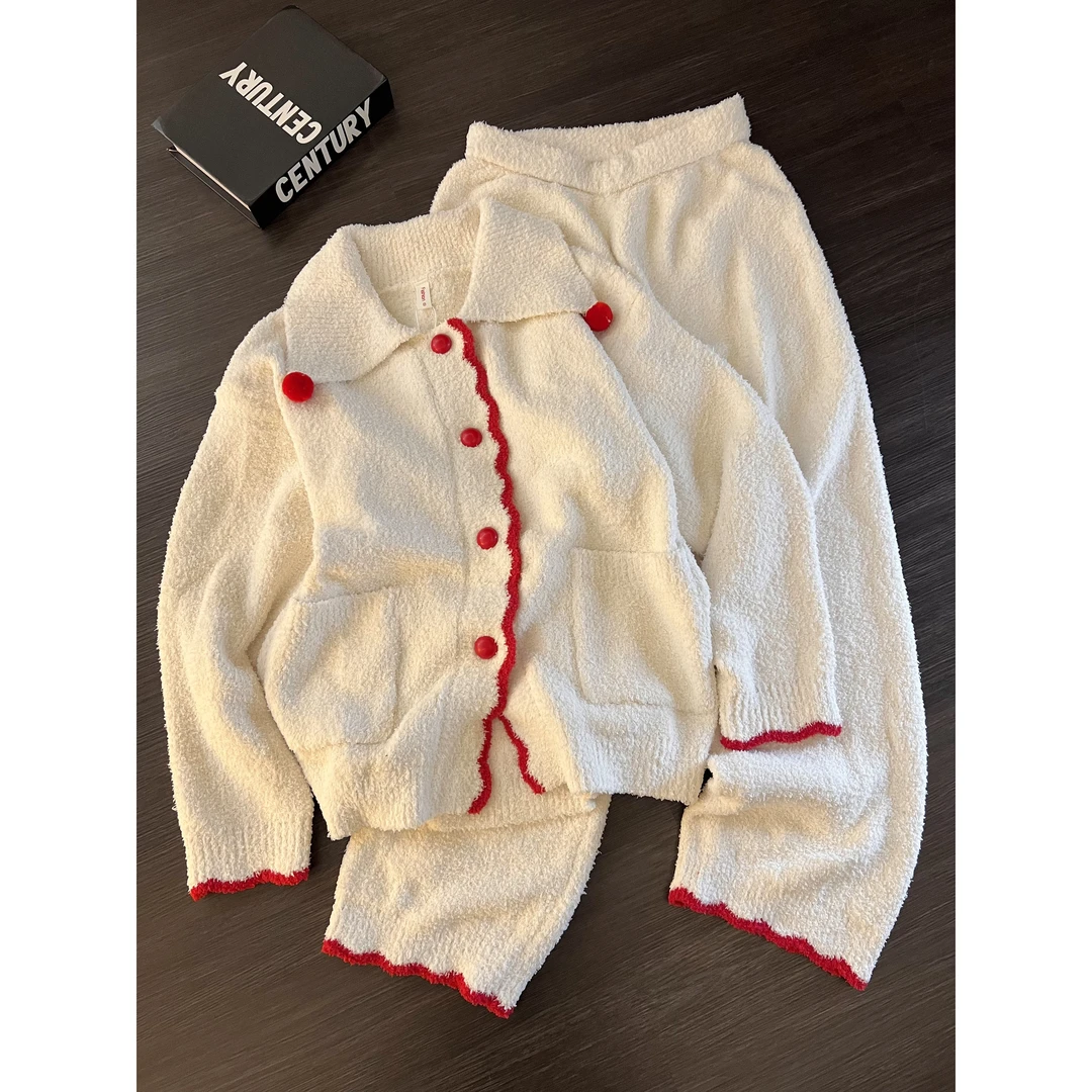 韩版软糯甜美红白拼接撞色半边绒睡衣女冬新款加绒加厚家居服套装