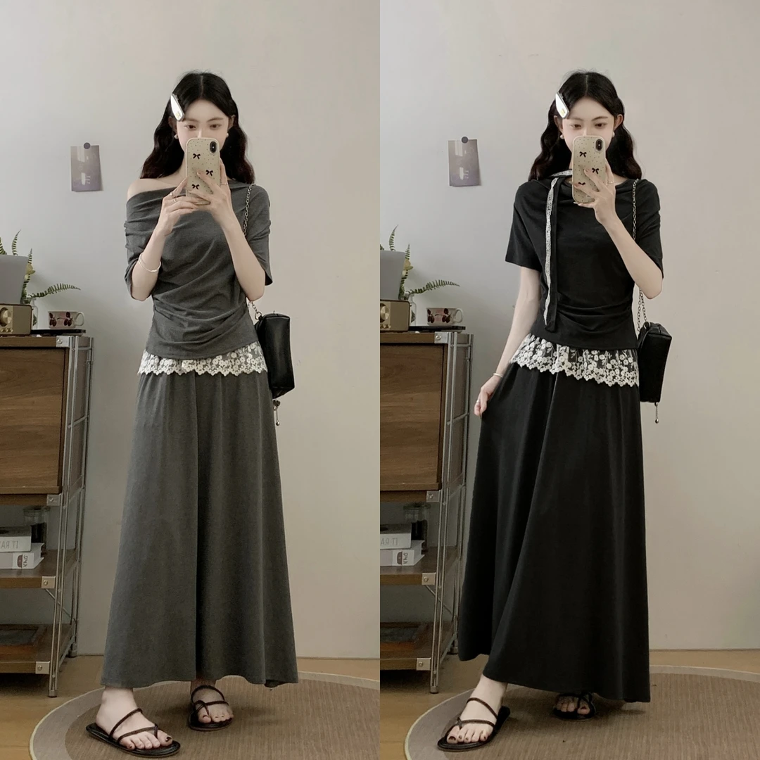 大码胖MM新款韩版荡领不规则蕾丝拼接收腰遮肉显瘦休闲套装